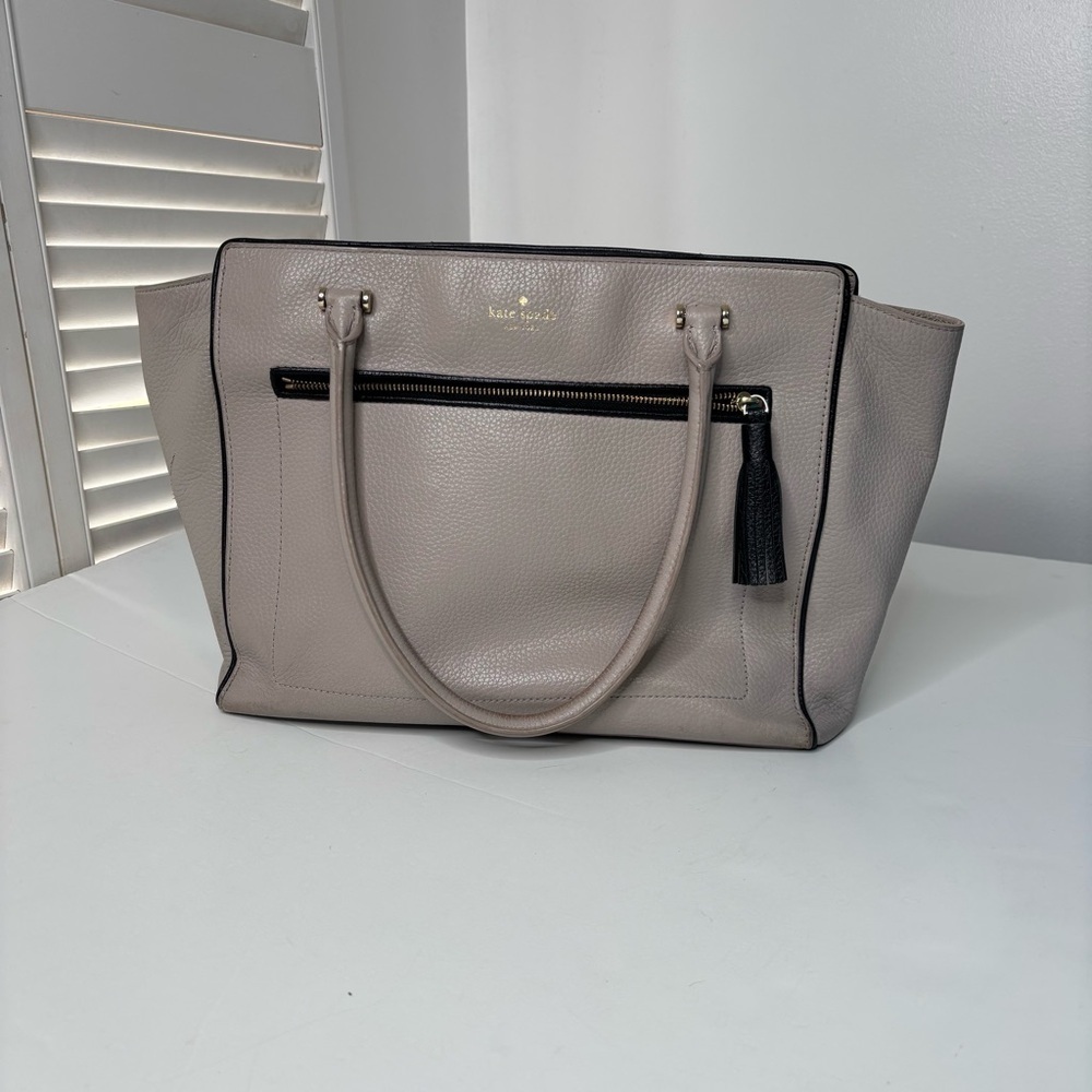 Kate Spade New York Large Leather Tote Shoulder Bag Taupe Neutral Tassel